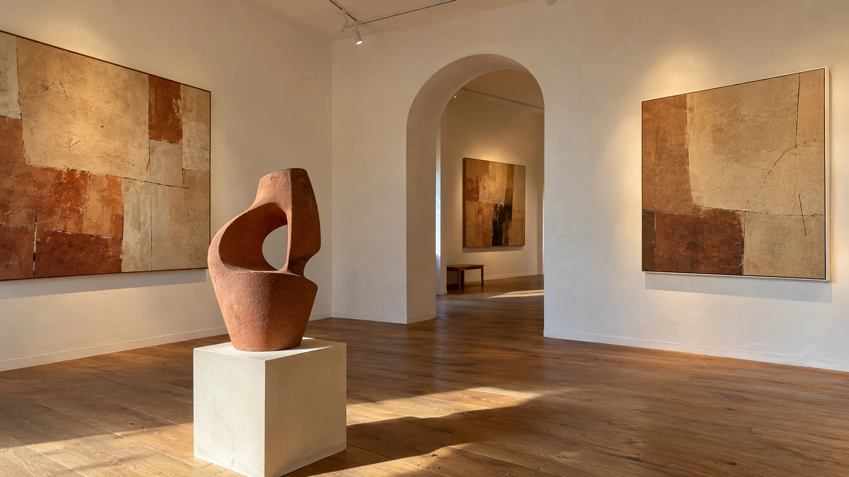 Sala de arte con una escultura y obras abstractas